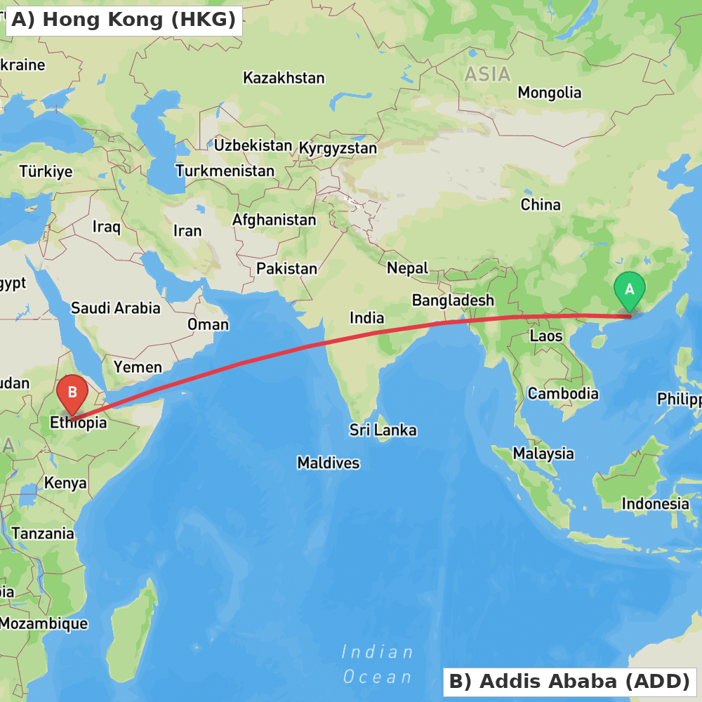 Flight route map from Hong Kong to Addis Ababa
