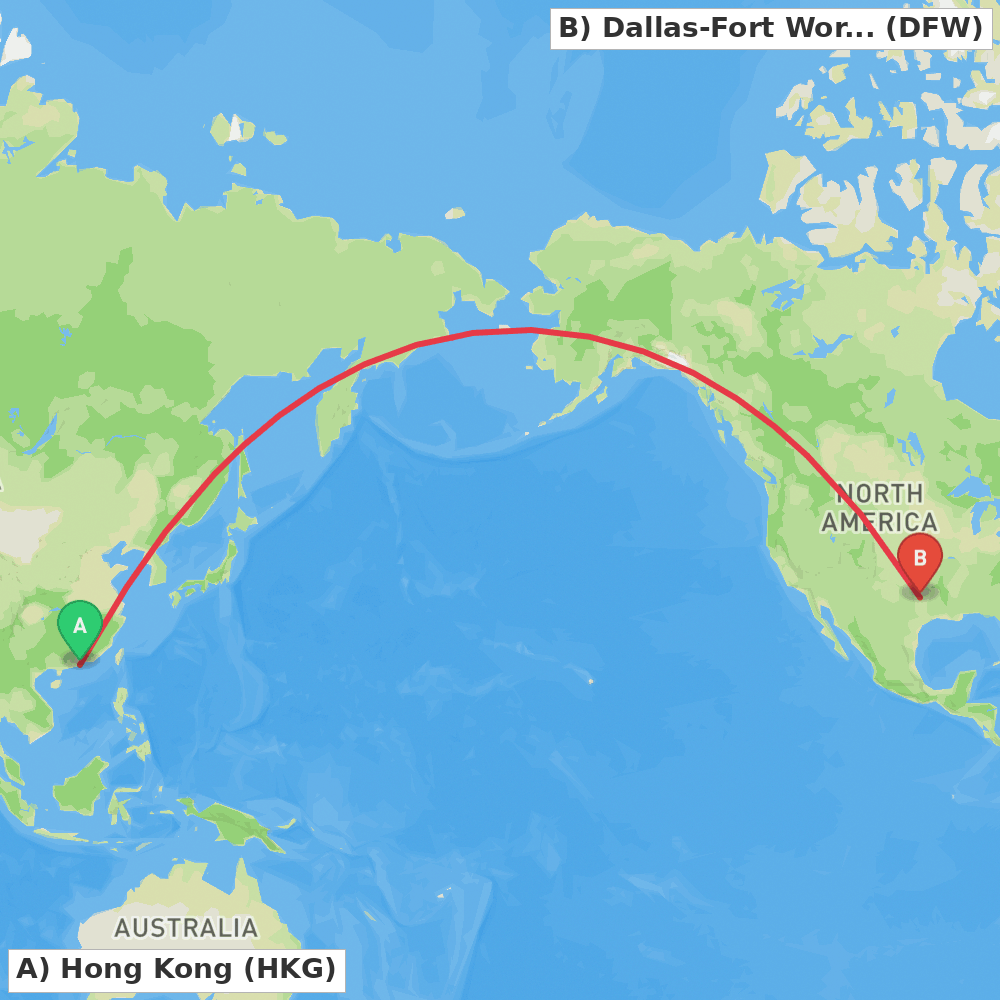 Flight route map from Hong Kong to Dallas-Fort Worth