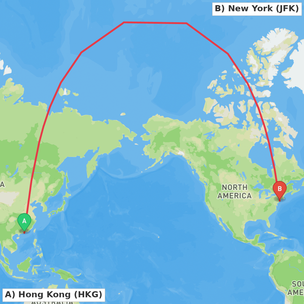 Flight route map from Hong Kong to New York