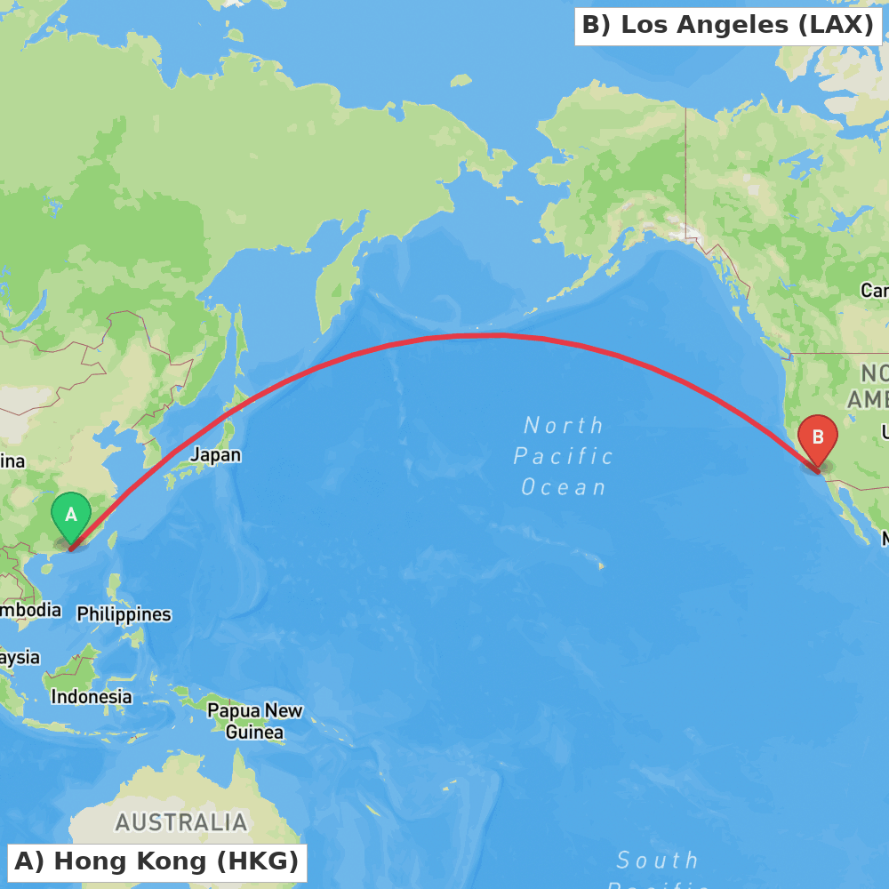 Flight route map from Hong Kong to Los Angeles