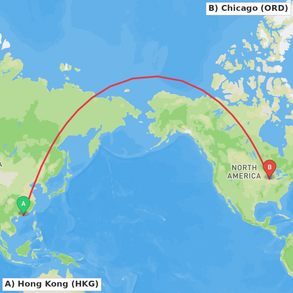 Flight route map from Hong Kong to Chicago