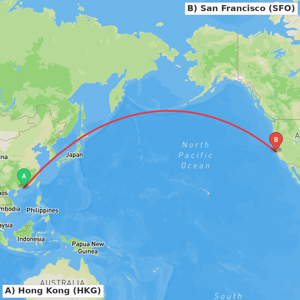 Flight route map from Hong Kong to San Francisco