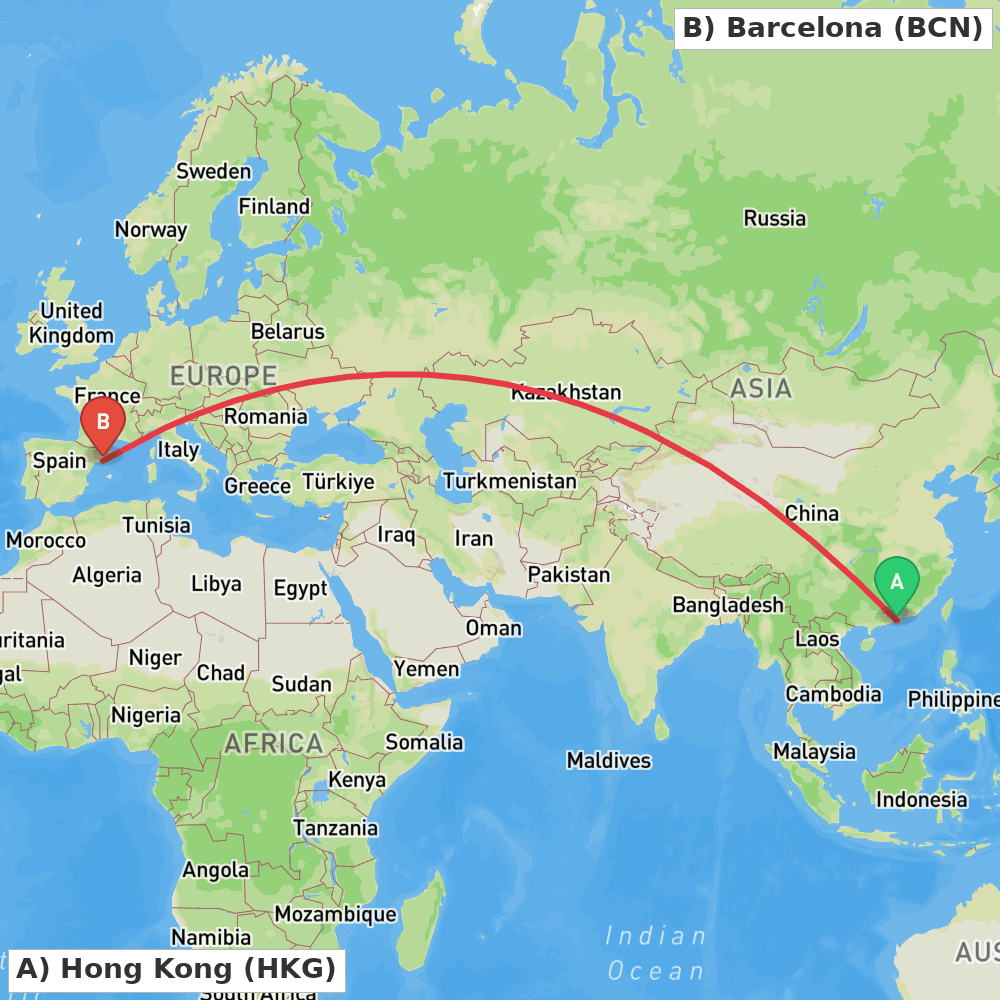 Flight route map from Hong Kong to Barcelona