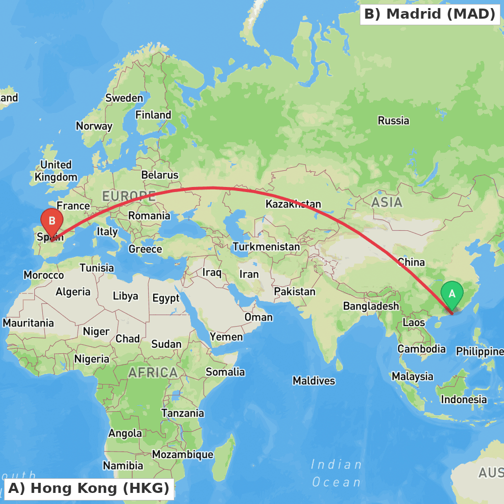 Flight route map from Hong Kong to Madrid