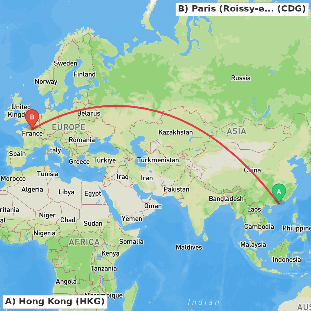Flight route map from Hong Kong to Paris (Roissy-en-France, Val-d'Oise)