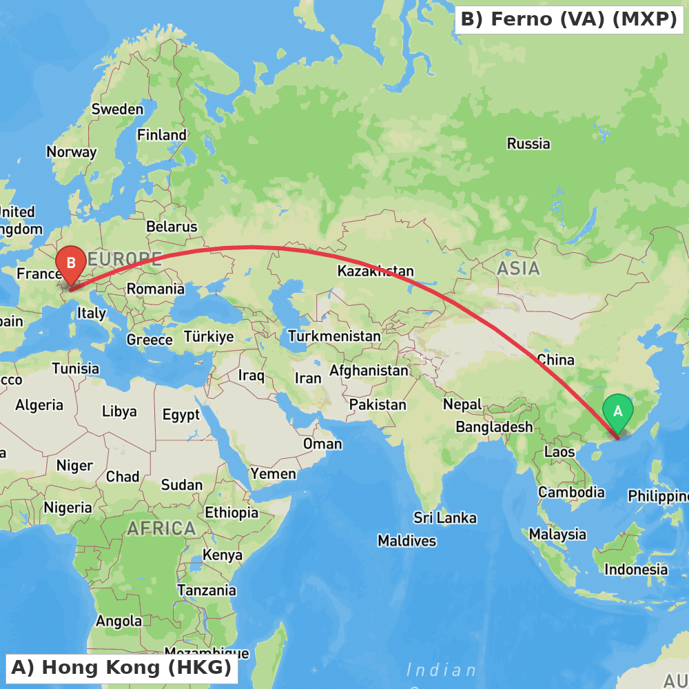Flight route map from Hong Kong to Ferno (VA)
