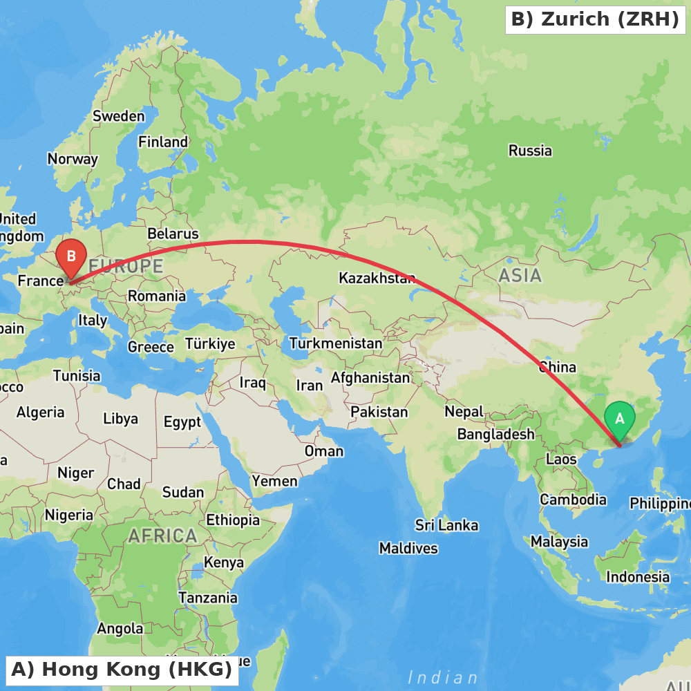 Flight route map from Hong Kong to Zurich