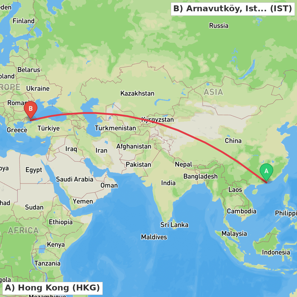 Flight route map from Hong Kong to Arnavutköy, Istanbul