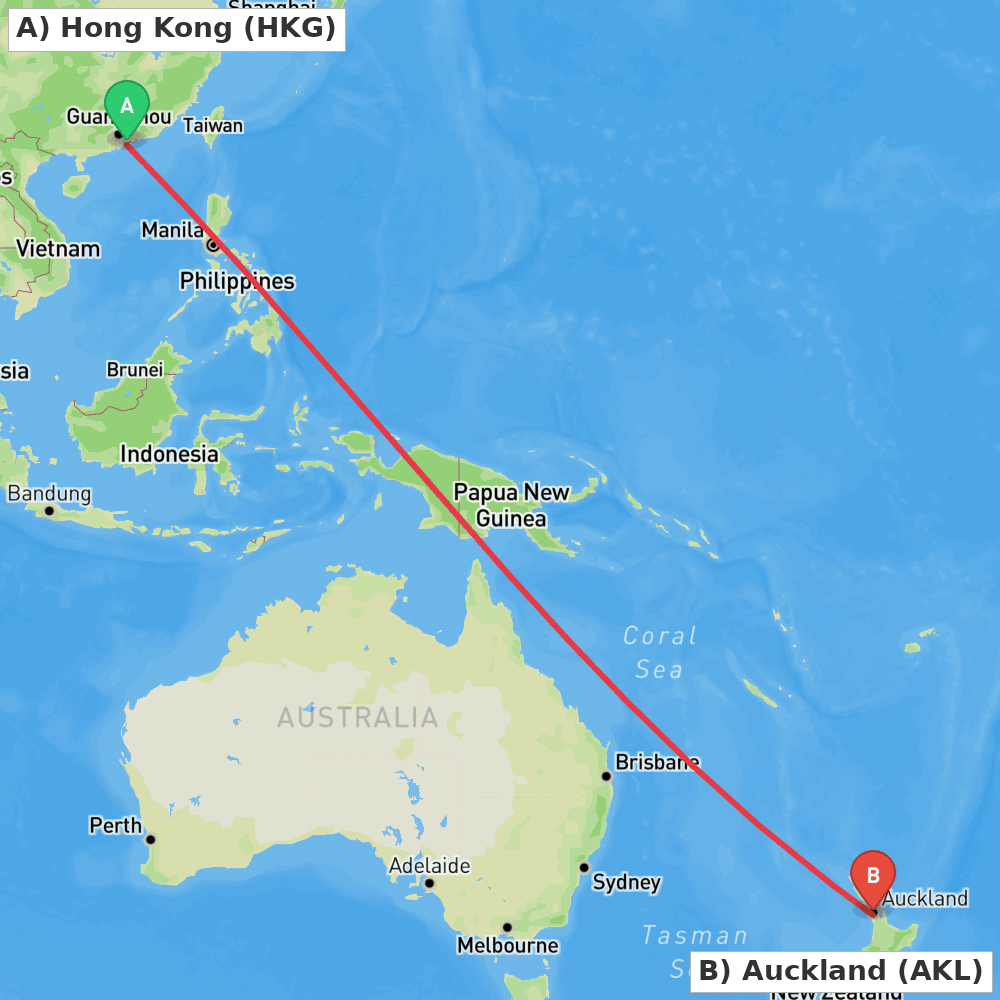 Flight route map from Hong Kong to Auckland