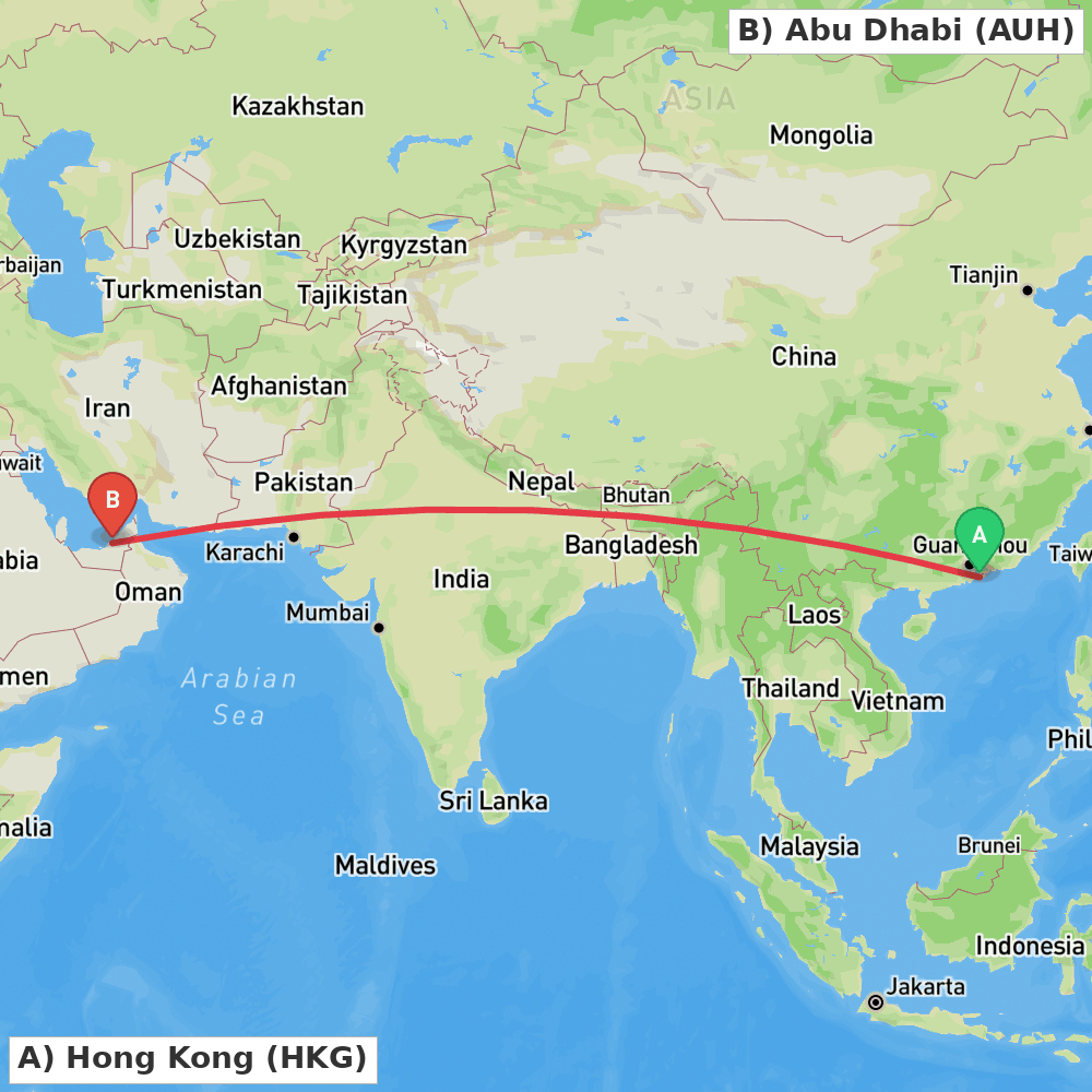 Flight route map from Hong Kong to Abu Dhabi