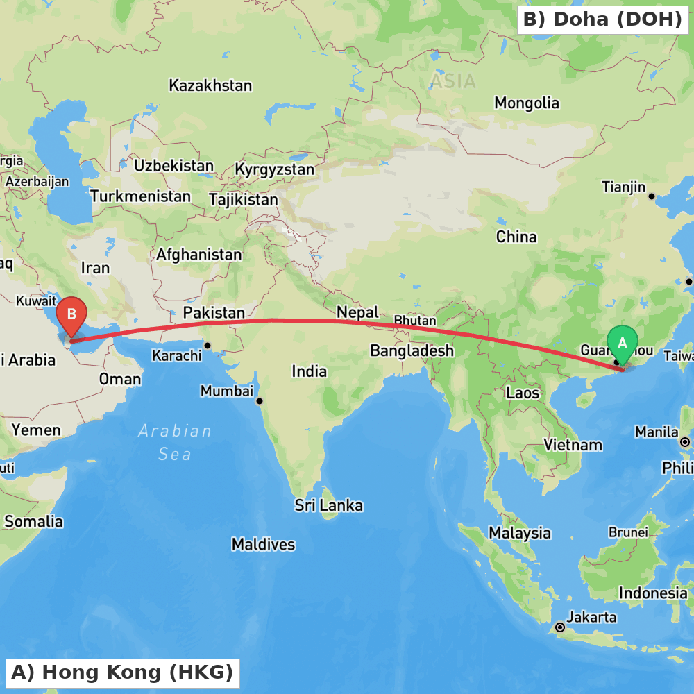Flight route map from Hong Kong to Doha