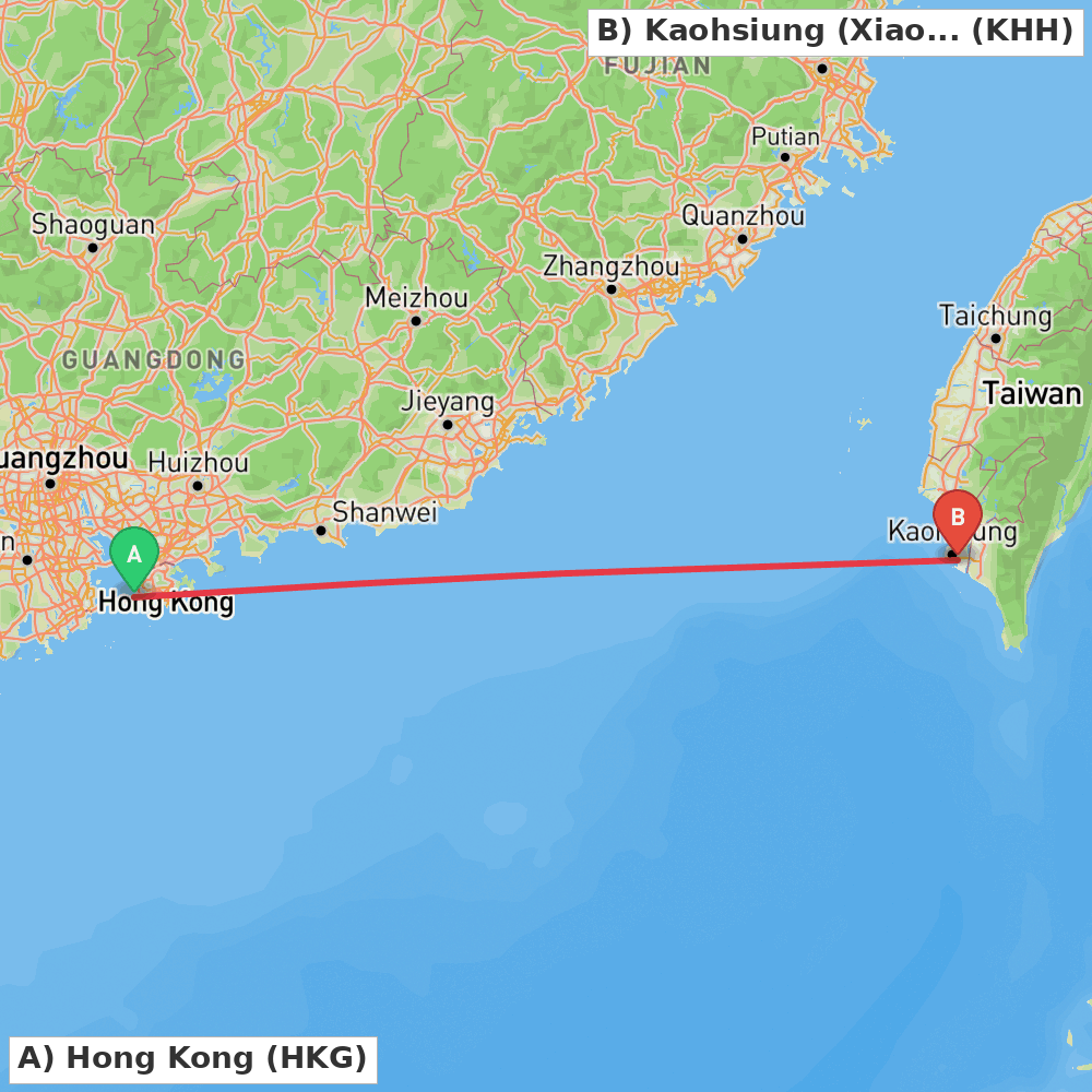 Flight route map from Hong Kong to Kaohsiung (Xiaogang)