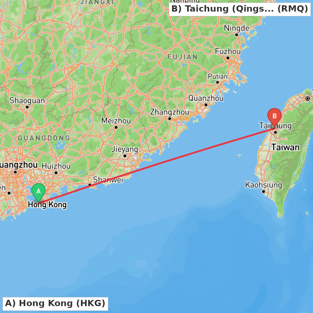 Flight route map from Hong Kong to Taichung (Qingshui)