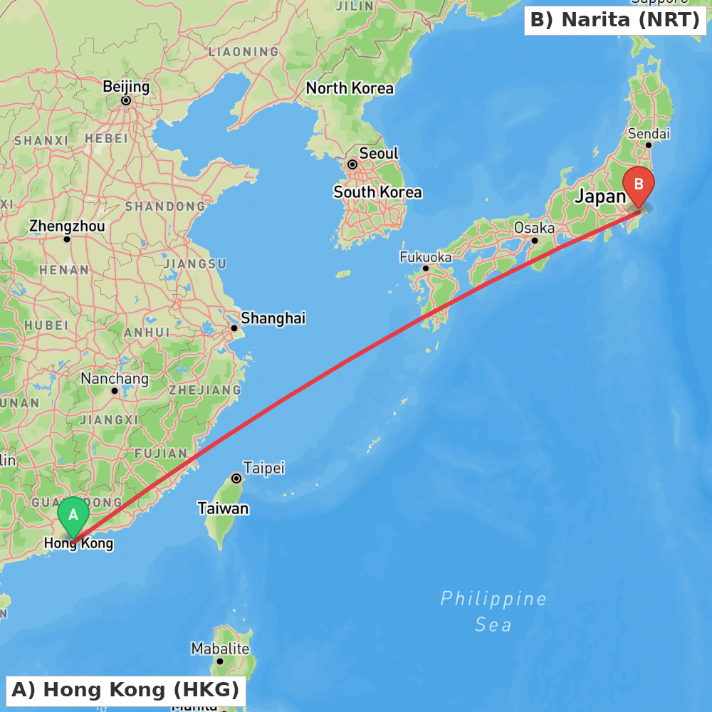 Flight route map from Hong Kong to Narita
