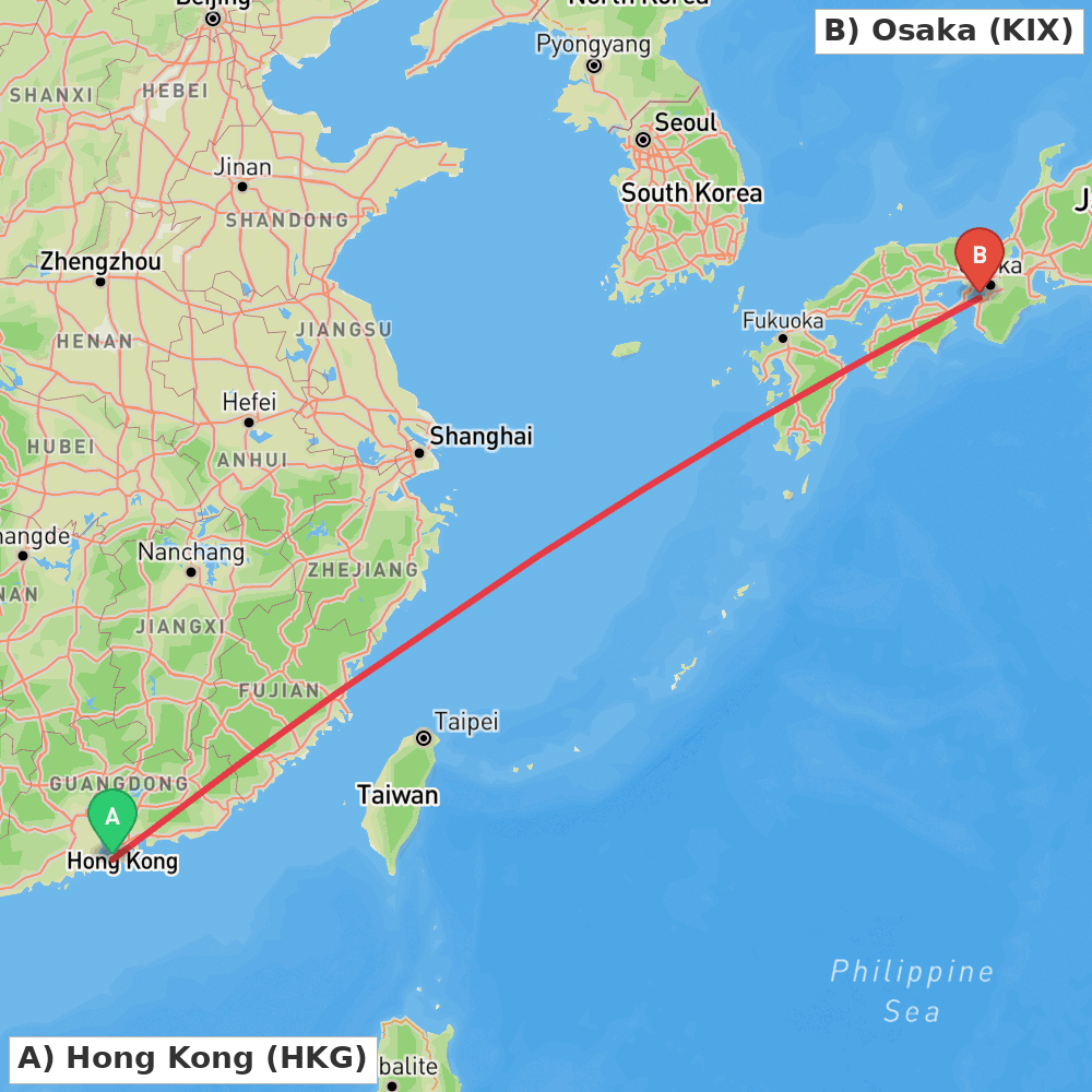 Flight route map from Hong Kong to Osaka