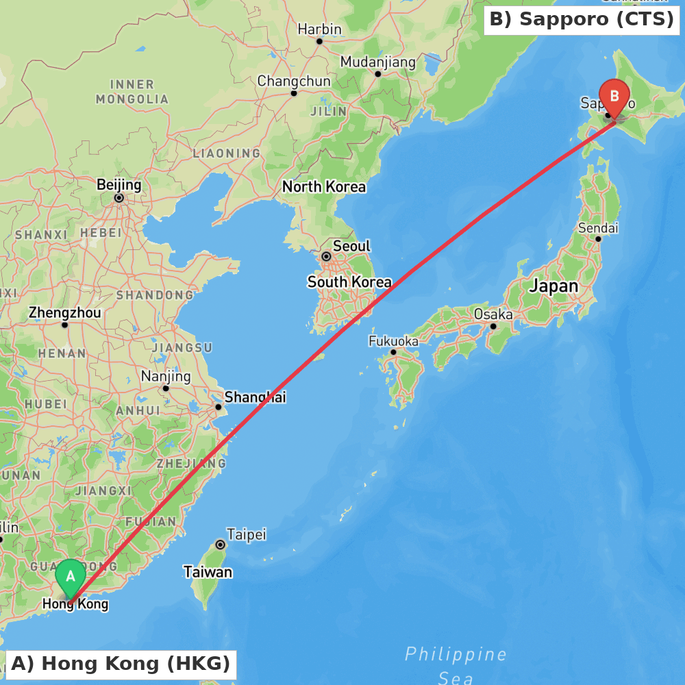 Flight route map from Hong Kong to Sapporo