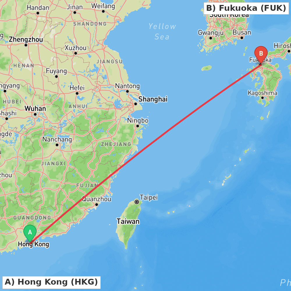 Flight route map from Hong Kong to Fukuoka