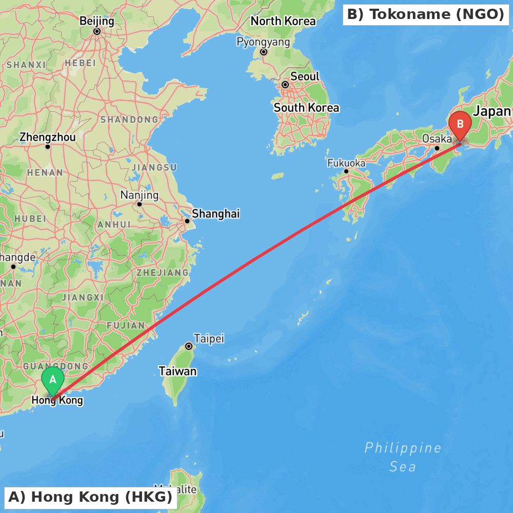 Flight route map from Hong Kong to Tokoname