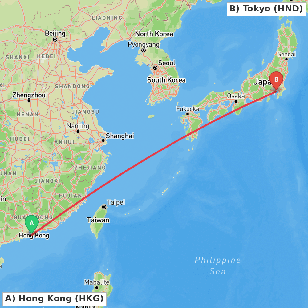 Flight route map from Hong Kong to Tokyo