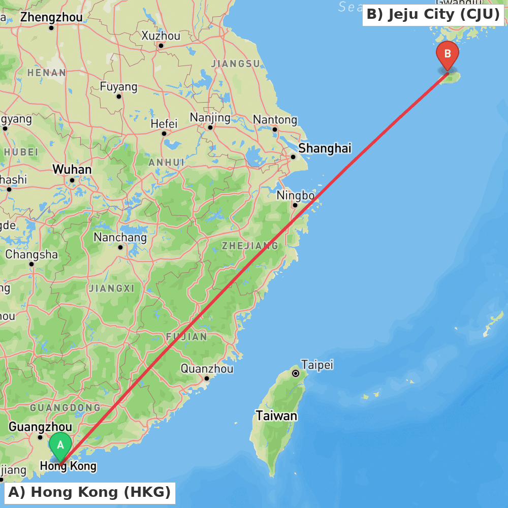Flight route map from Hong Kong to Jeju City