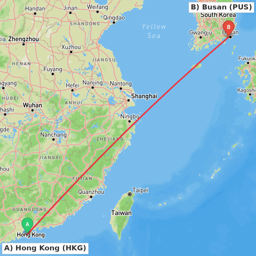 Flight route map from Hong Kong to Busan