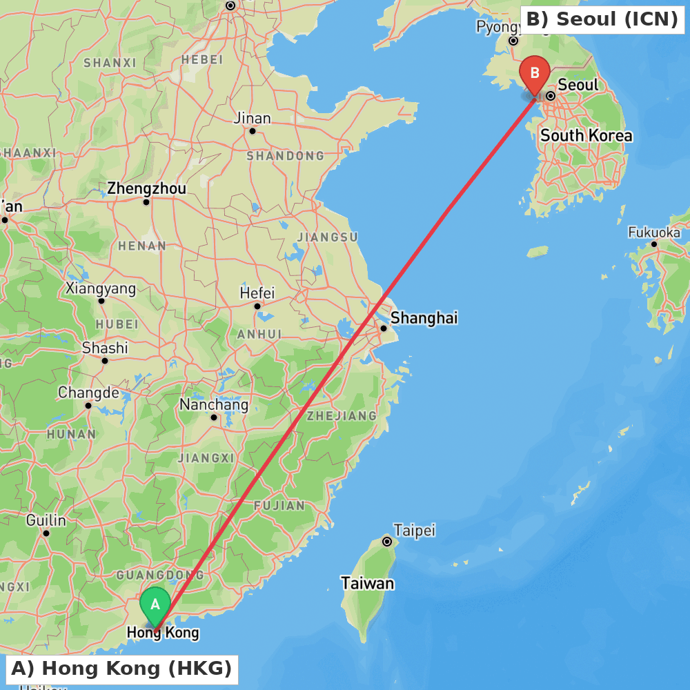 Flight route map from Hong Kong to Seoul