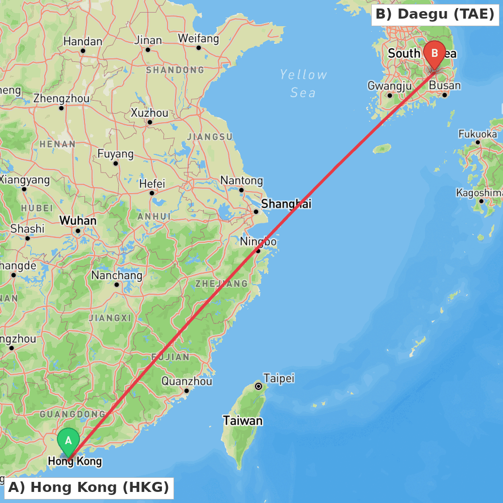 Flight route map from Hong Kong to Daegu