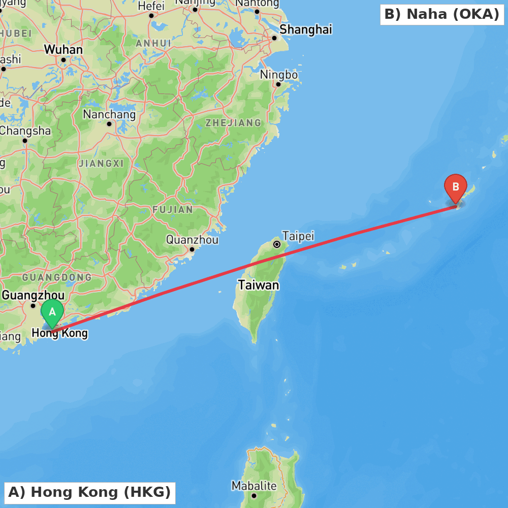 Flight route map from Hong Kong to Naha