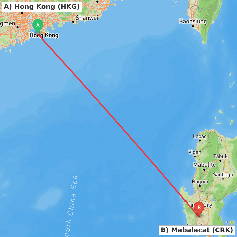 Flight route map from Hong Kong to Mabalacat