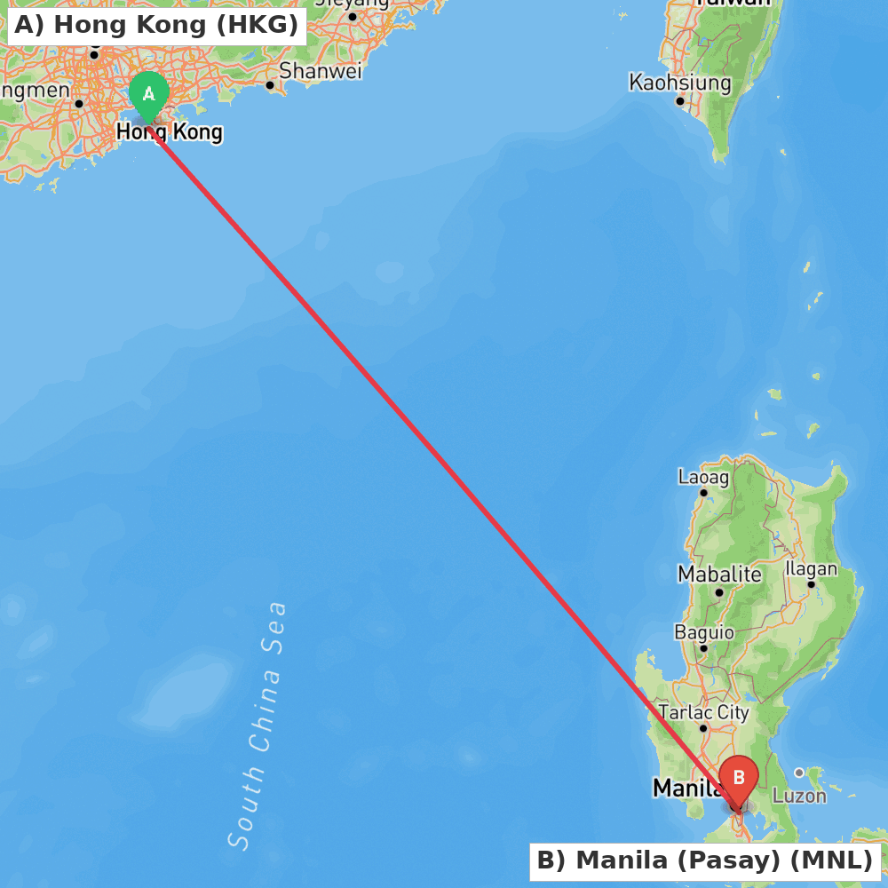 Flight route map from Hong Kong to Manila (Pasay)