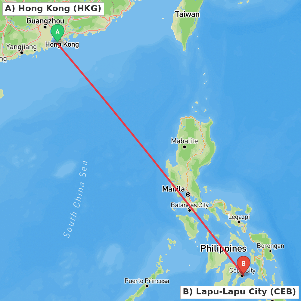 Flight route map from Hong Kong to Lapu-Lapu City