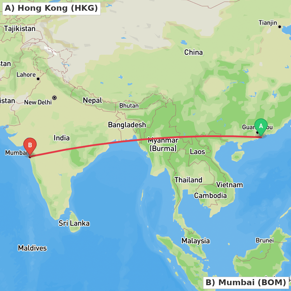 Flight route map from Hong Kong to Mumbai