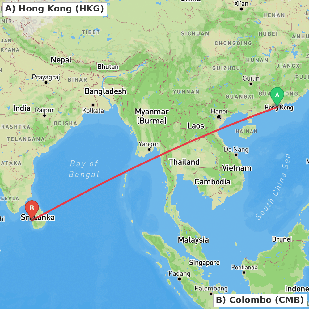 Flight route map from Hong Kong to Colombo