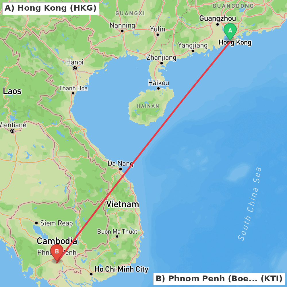 Flight route map from Hong Kong to Phnom Penh (Boeng Khyang)