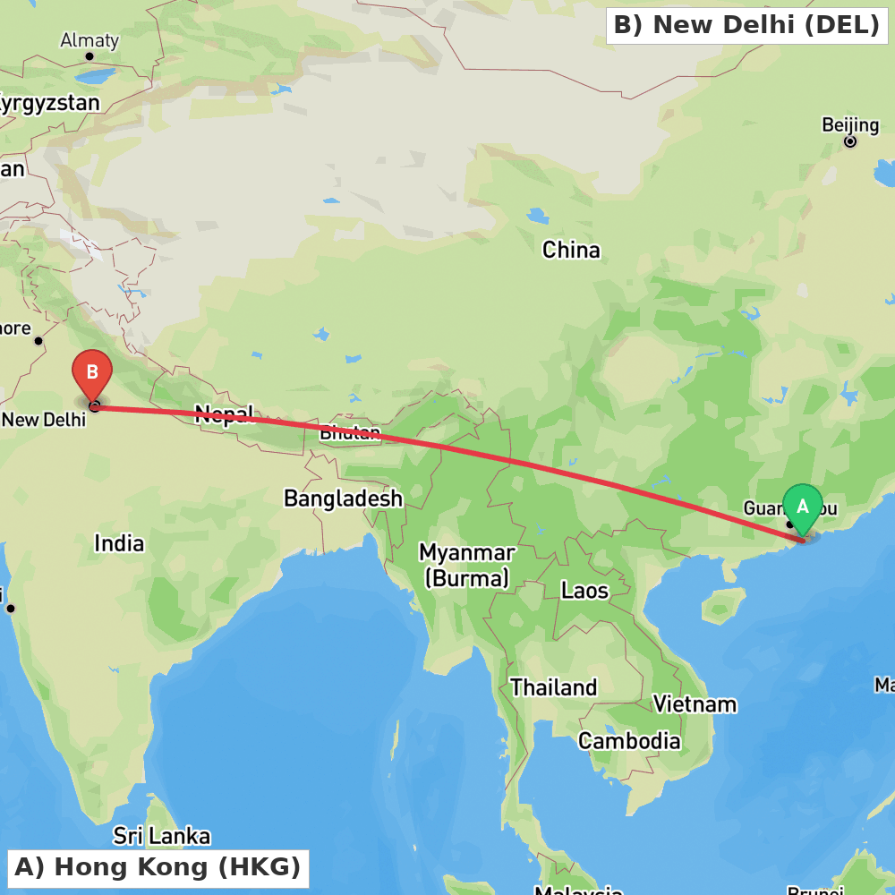 Flight route map from Hong Kong to New Delhi