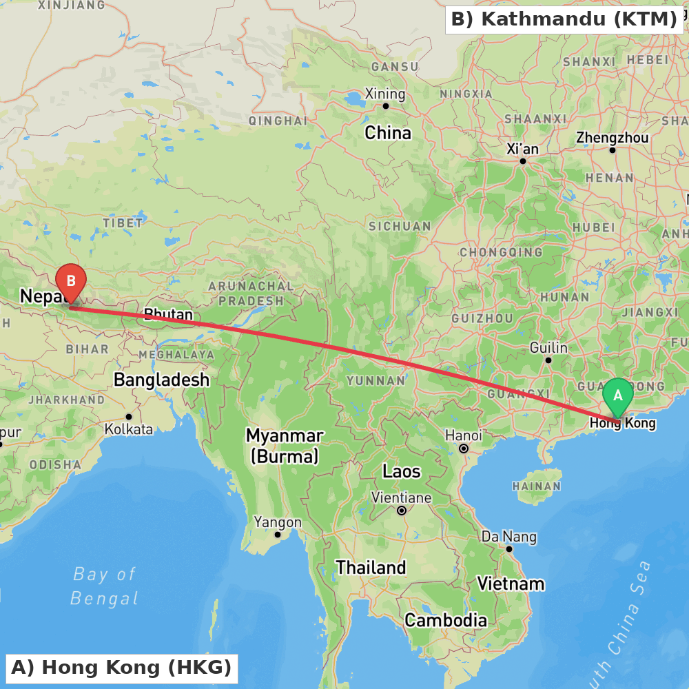 Flight route map from Hong Kong to Kathmandu