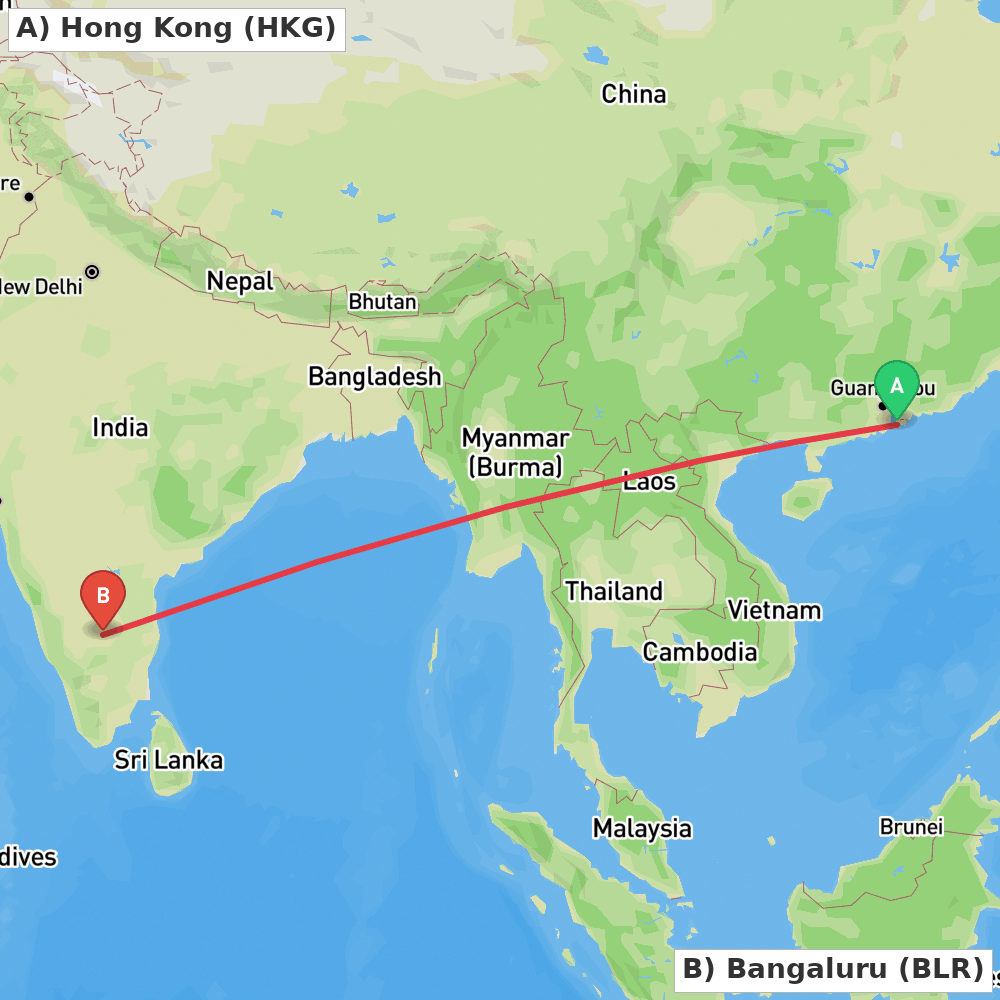 Flight route map from Hong Kong to Bangaluru