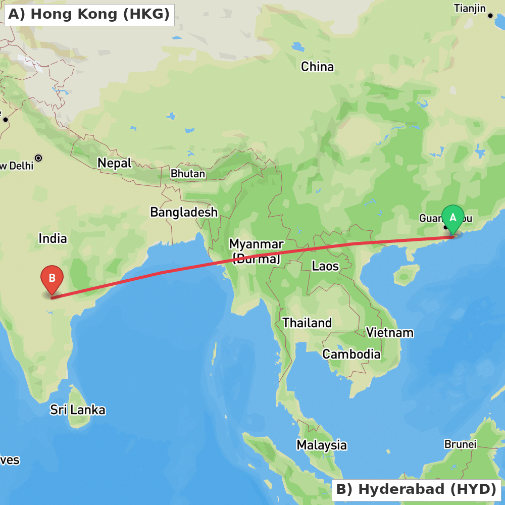 Flight route map from Hong Kong to Hyderabad