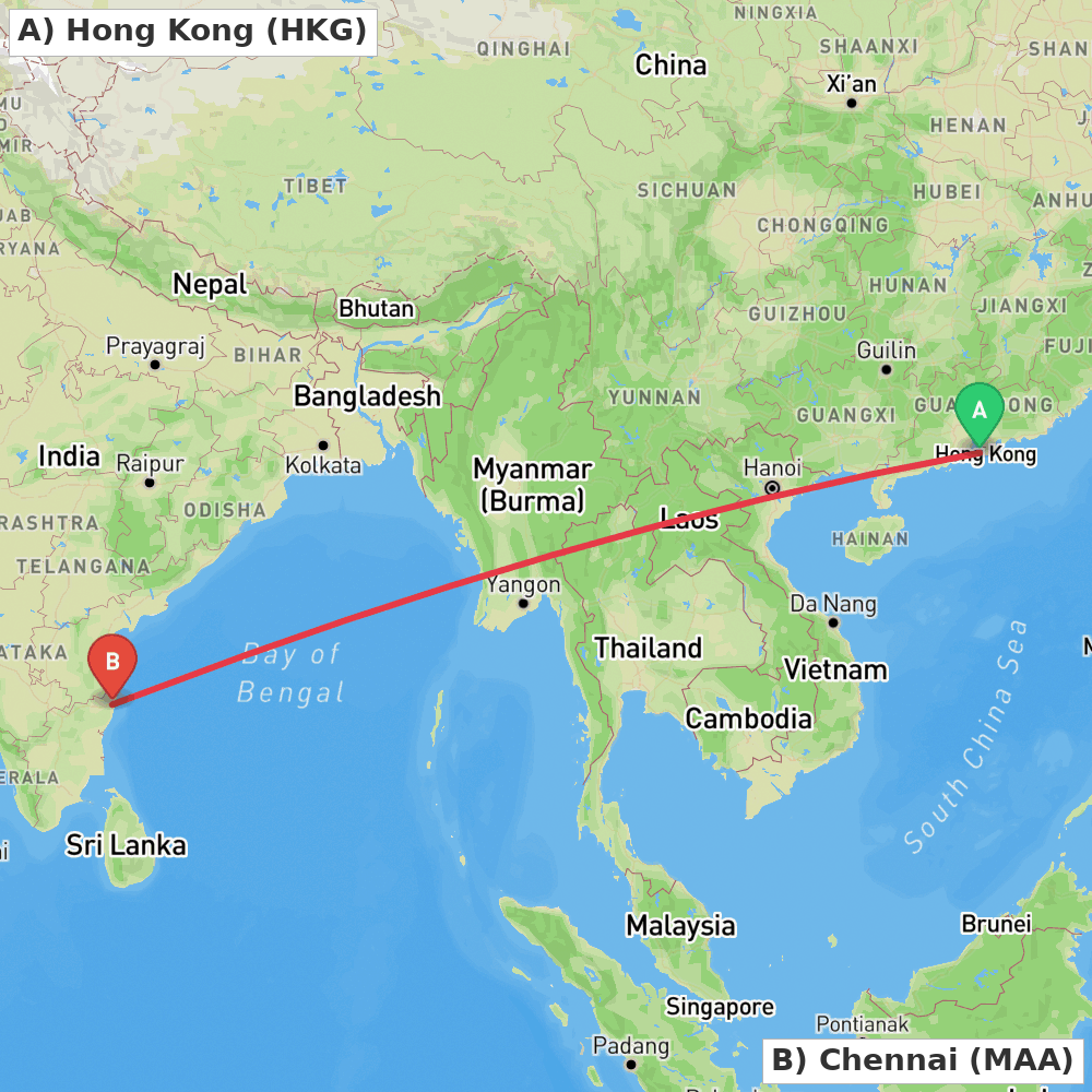 Flight route map from Hong Kong to Chennai