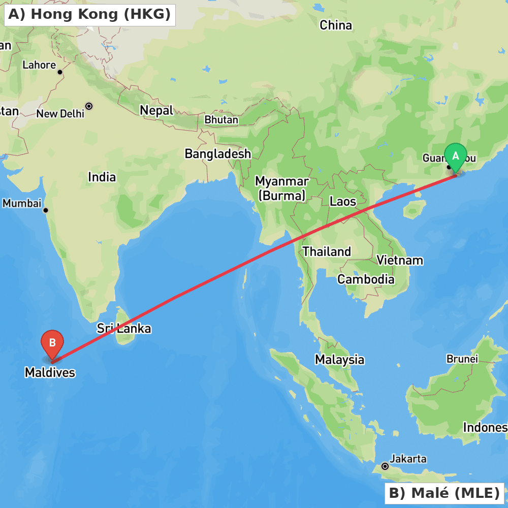 Flight route map from Hong Kong to Malé