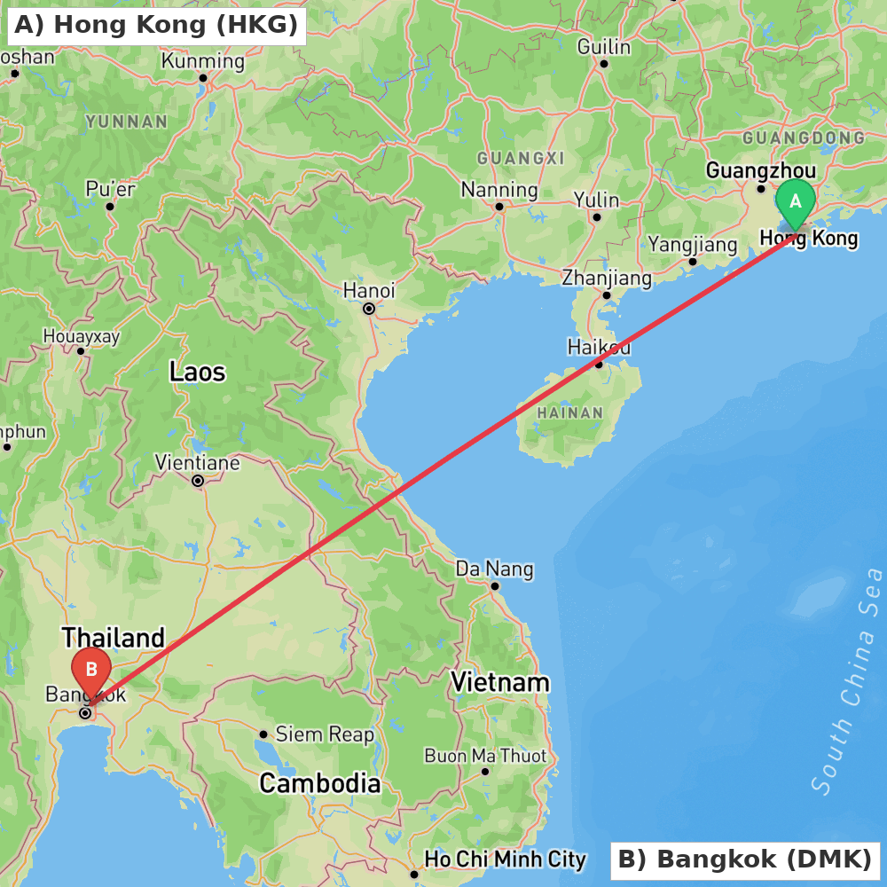 Flight route map from Hong Kong to Bangkok