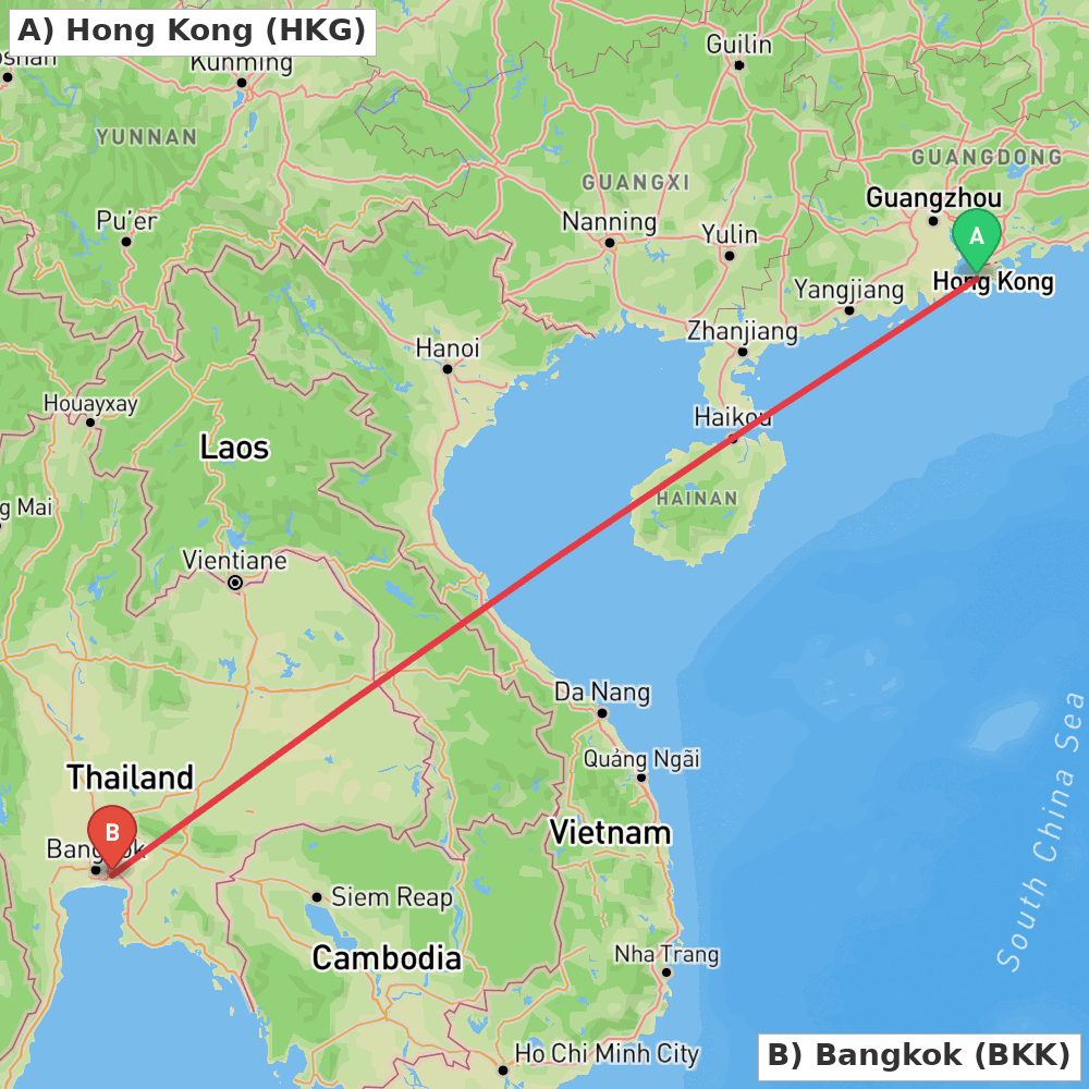 Flight route map from Hong Kong to Bangkok