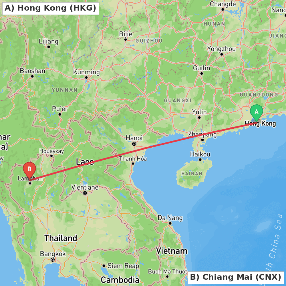 Flight route map from Hong Kong to Chiang Mai