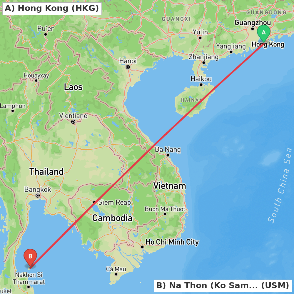 Flight route map from Hong Kong to Na Thon (Ko Samui Island)
