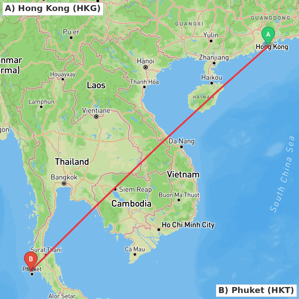 Flight route map from Hong Kong to Phuket