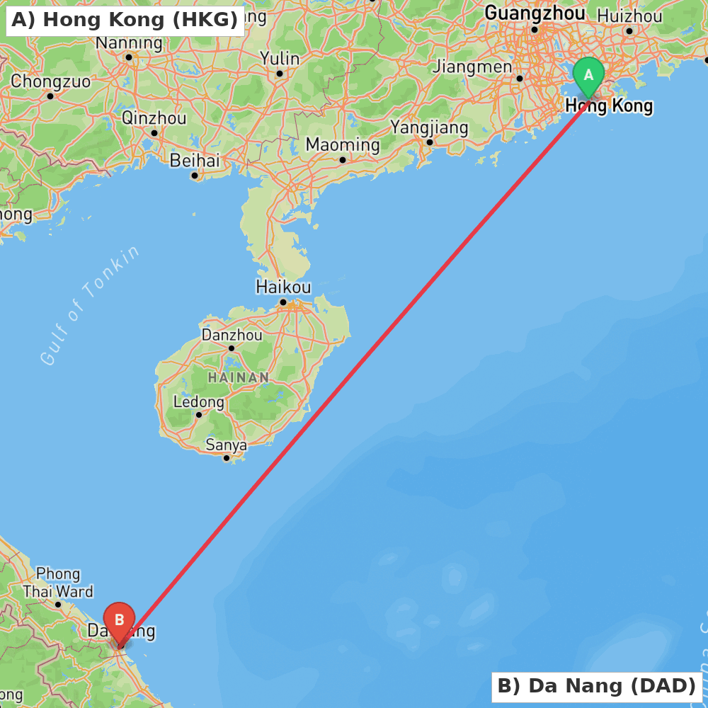 Flight route map from Hong Kong to Da Nang