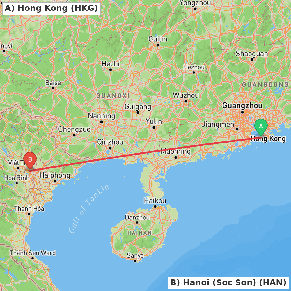 Flight route map from Hong Kong to Hanoi (Soc Son)
