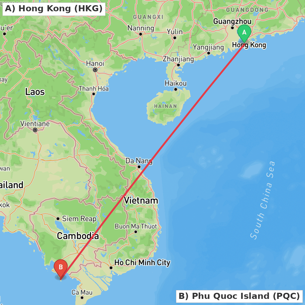 Flight route map from Hong Kong to Phu Quoc Island