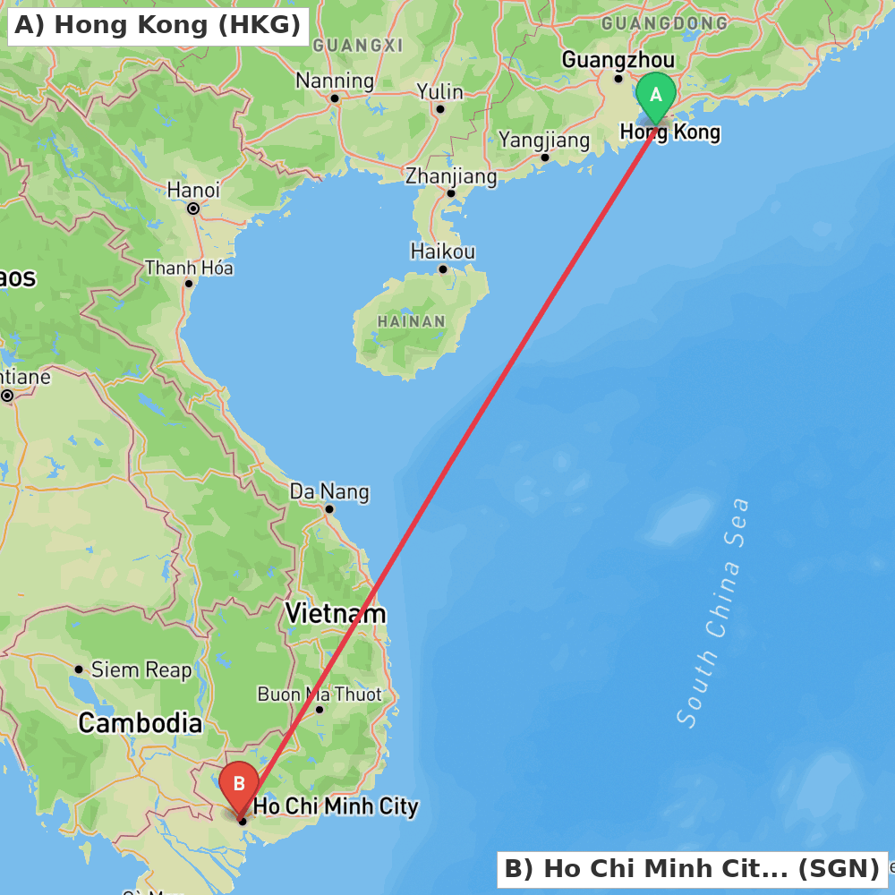 Flight route map from Hong Kong to Ho Chi Minh City