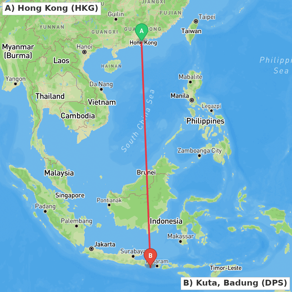 Flight route map from Hong Kong to Kuta, Badung